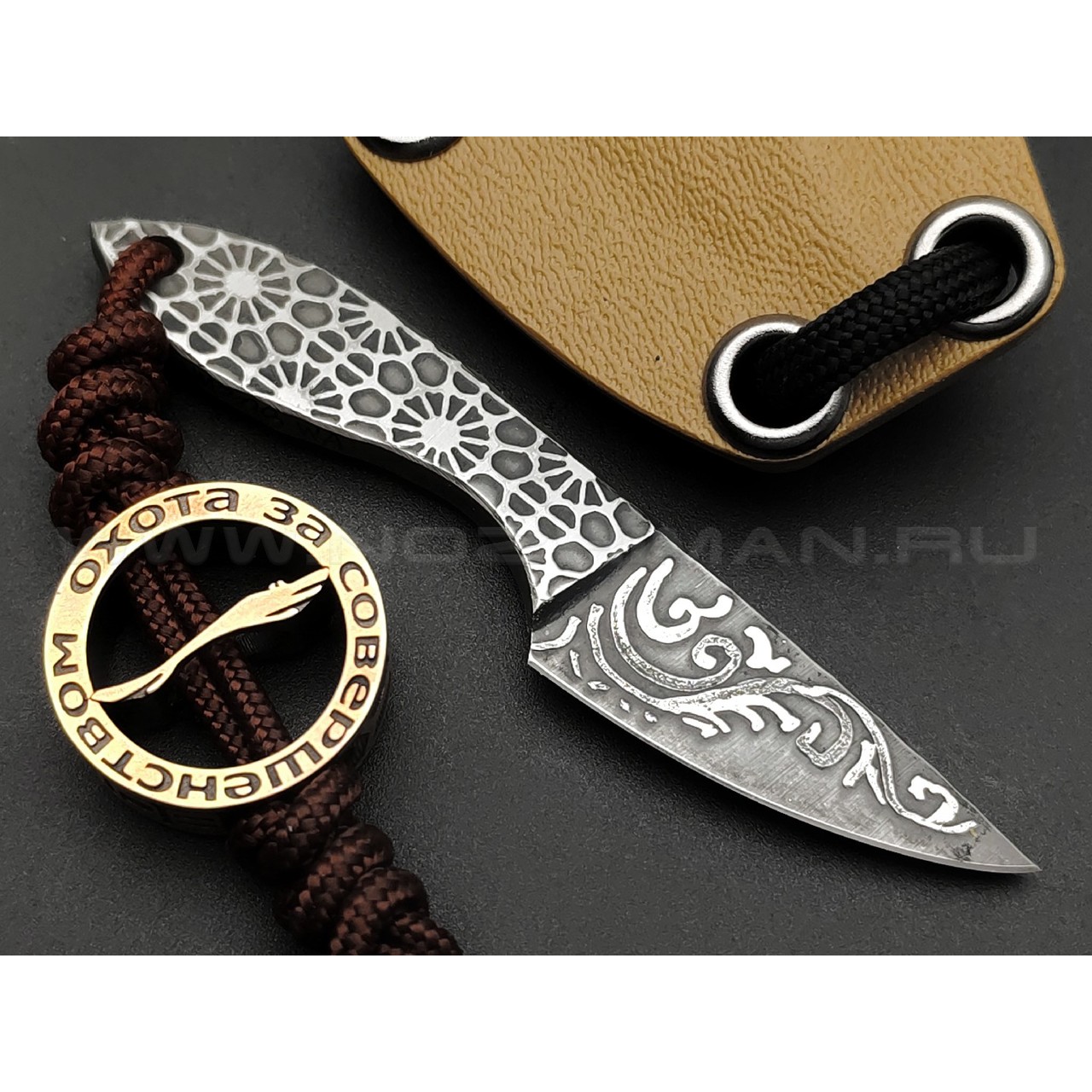 Волчий Век нож МиниМасичЬка Custom сталь M398 WA худ.травление, рукоять Сталь, бусина из бронзы