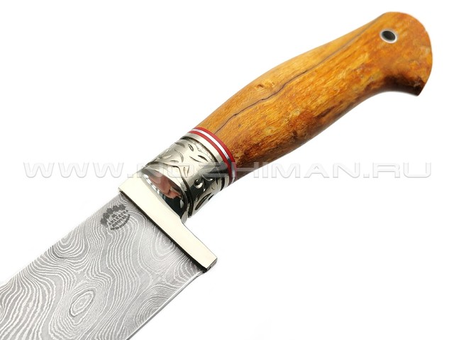 Товарищество Завьялова нож Пчак-Б сталь Дамаск, рукоять Стаб. карельская береза желтая, мельхиор