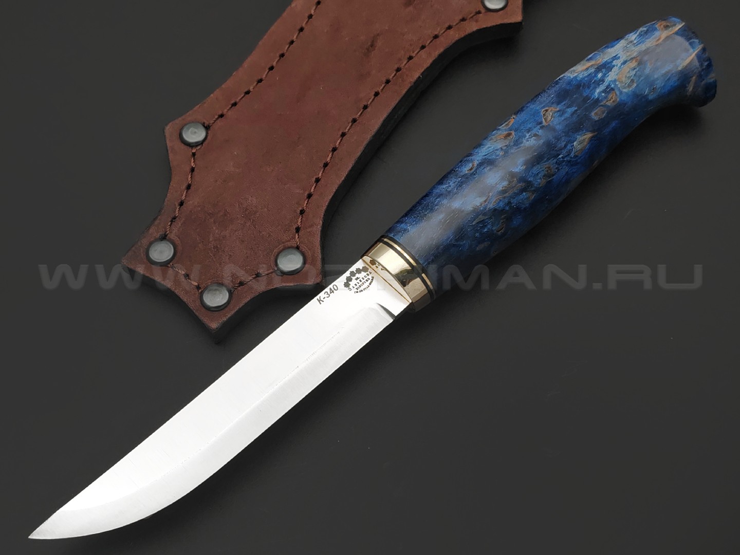 Товарищество Завьялова нож Анатолич сталь K340, рукоять Карельская береза синяя, латунь