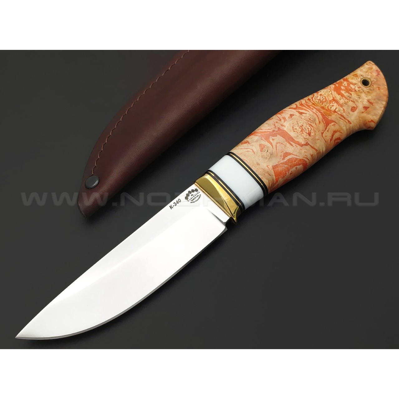 Товарищество Завьялова нож Олень сталь K340, рукоять Кап клена, кориан, латунь