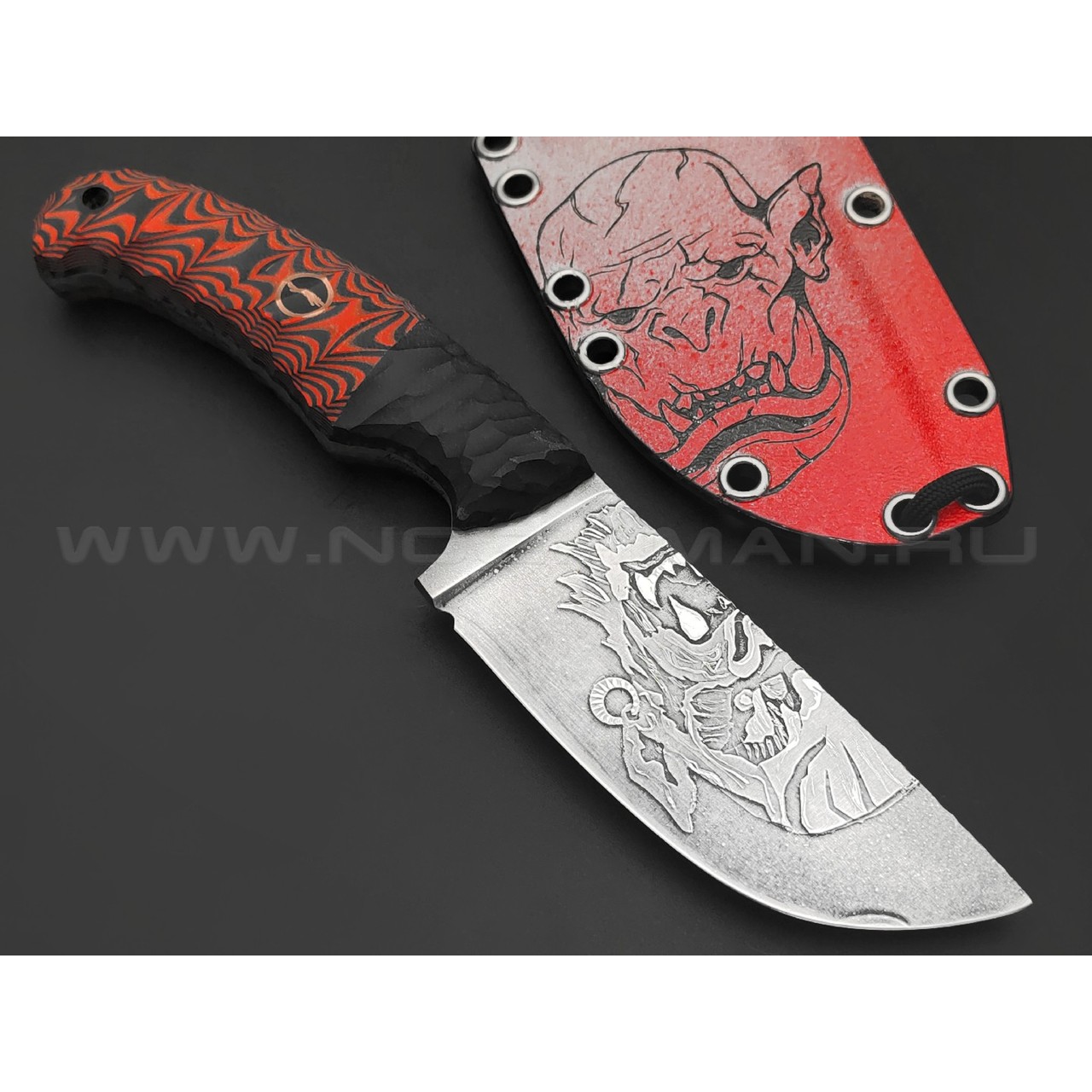 Волчий Век нож Шихан Custom Orc Edition сталь N690 WA худ. травление, рукоять G10 black & red, пин WA, пины карбон