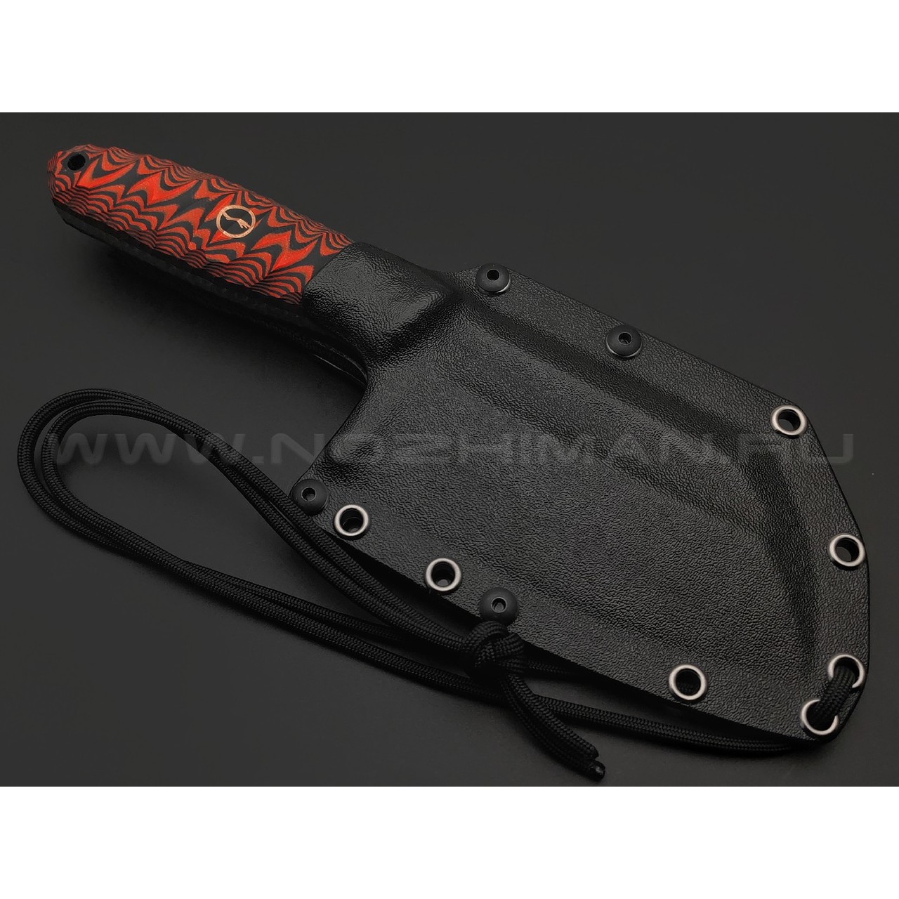 Волчий Век нож Бугай Custom сталь 95Х18 WA худ. травление, рукоять G10 black & red, пин WA, пины карбон