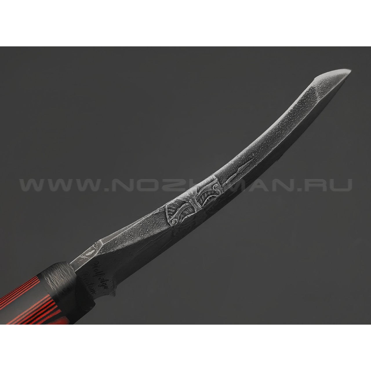 Волчий Век нож Кондрат 10 Custom сталь Niolox WA худ. травление, рукоять G10 black & red, карбон, пины карбон