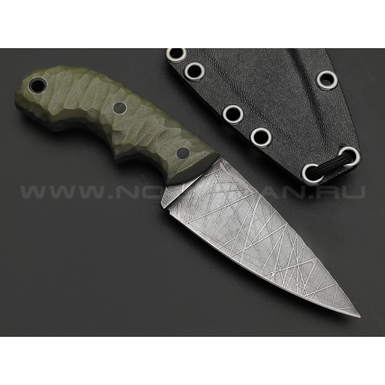 Волчий Век нож Оса Custom сталь N690 WA травление Хаотик, рукоять G10 olive, пины карбон