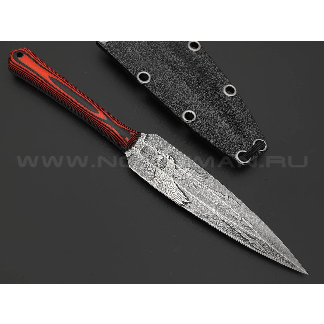Волчий Век нож Кинжалойд Custom сталь N690 WA худ. травление, рукоять G10 black & red, пины карбон