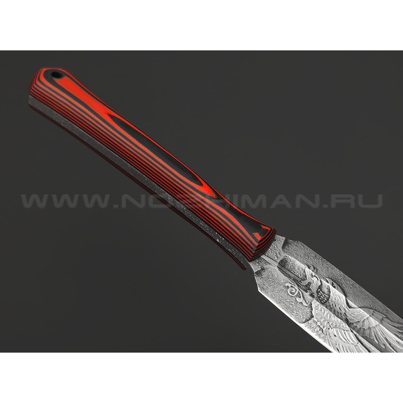 Волчий Век нож Кинжалойд Custom сталь N690 WA худ. травление, рукоять G10 black & red, пины карбон