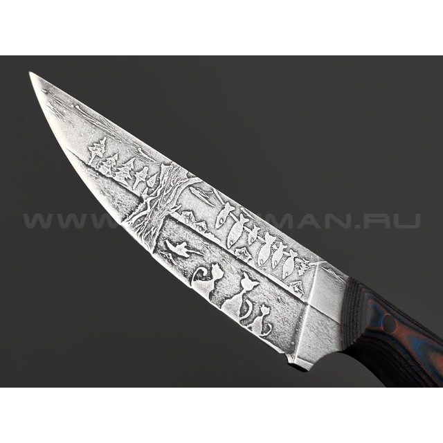 Волчий Век нож Mark-I Custom сталь N690 WA худ. травление, рукоять Micarta, пин WA, пины карбон