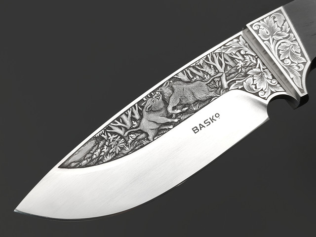 BASCo нож Баско-4 сталь Bohler N695 гравировка "Кабаны", Рукоять дерево граб, титан