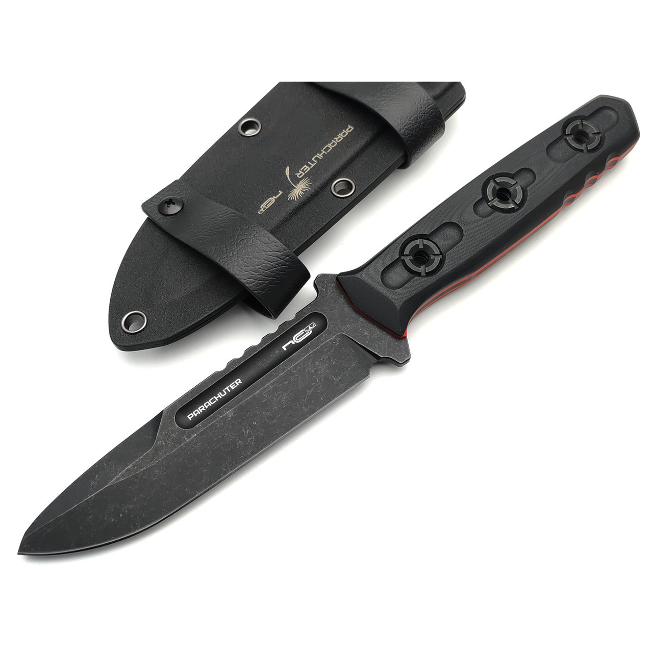 N.C.Custom нож Parachuter сталь Aus-10 блэквош, рукоять G10 Black & Red