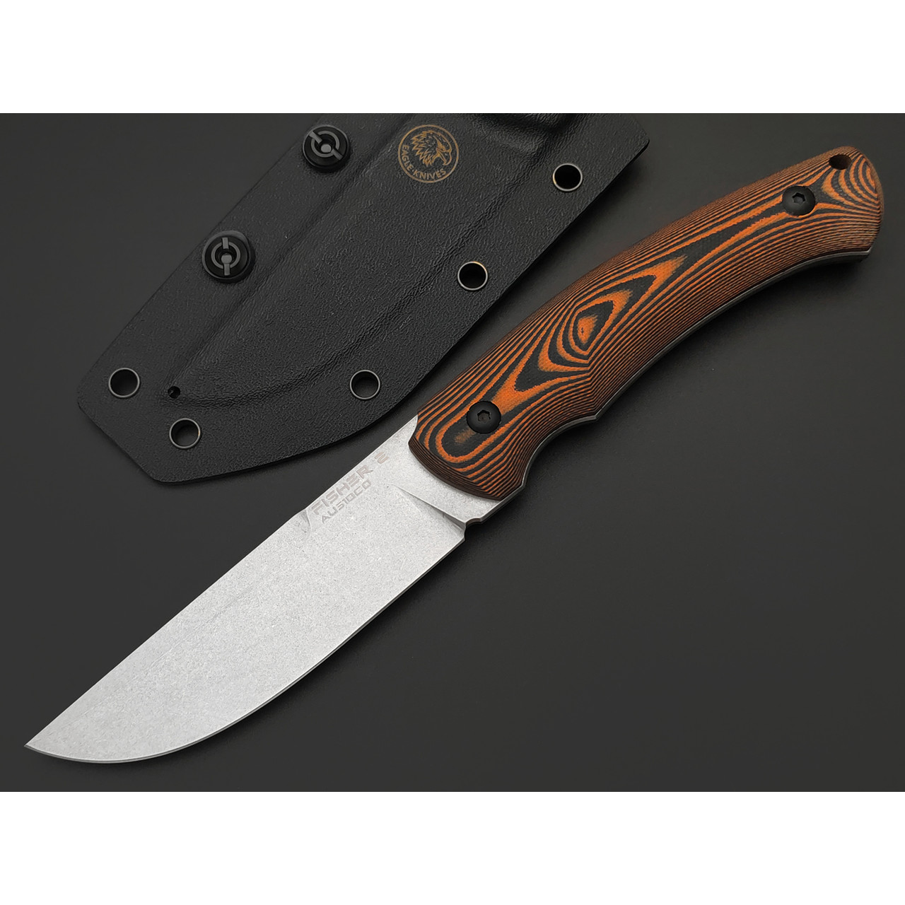 Eagle Knives нож Fisher 2 сталь Aus10Co стоунвош, рукоять G10 black & orange, ножны Kydex