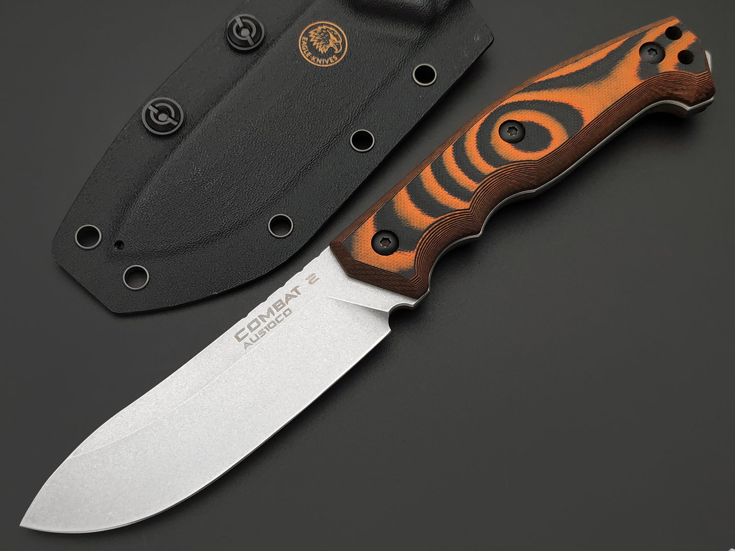 Eagle Knives нож Combat 2 сталь Aus10Co stonewash, рукоять G10 black & orange, ножны Kydex
