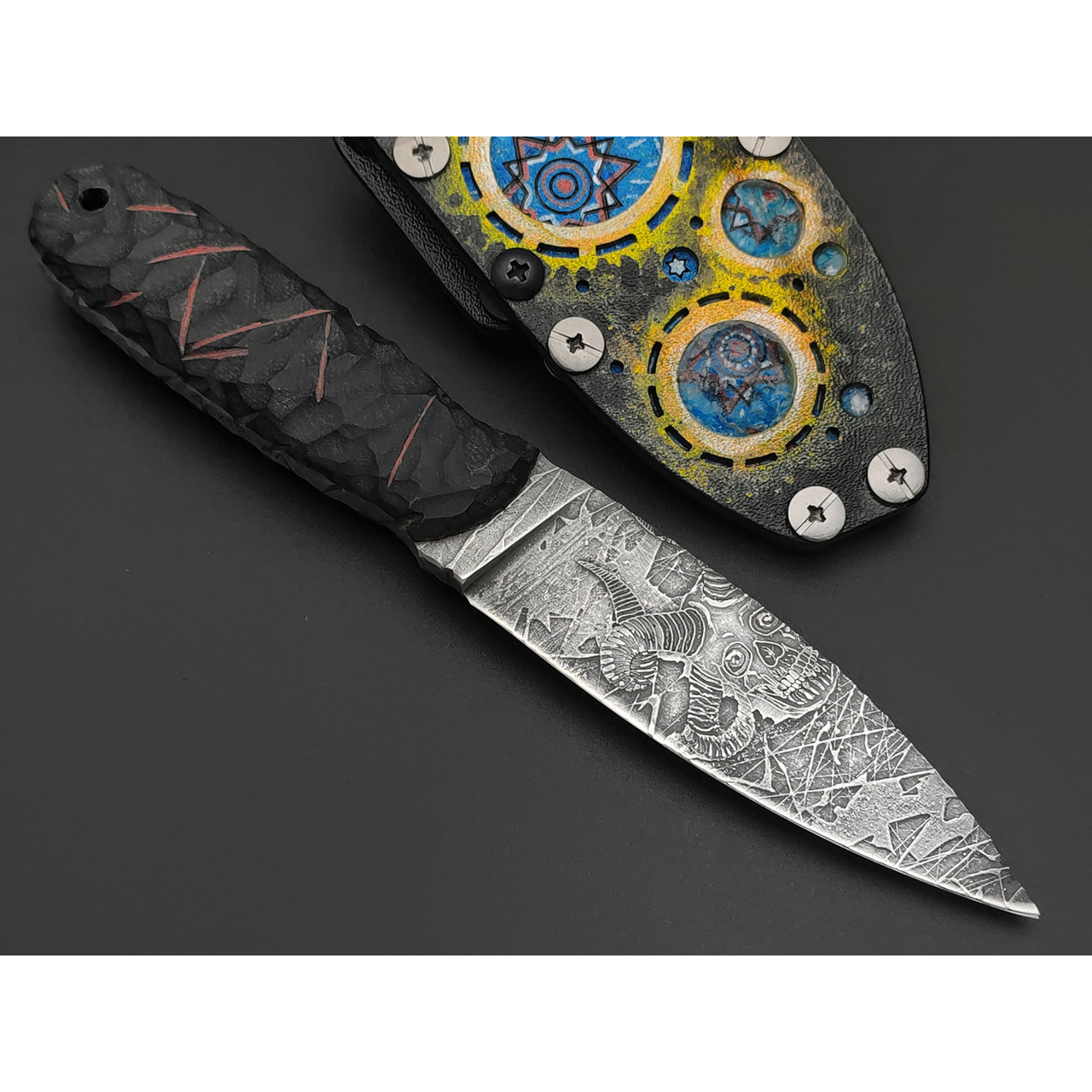 Волчий Век нож Стрела Custom сталь 95Х18 WA художественное травление, Рукоять G10 black, пины карбон