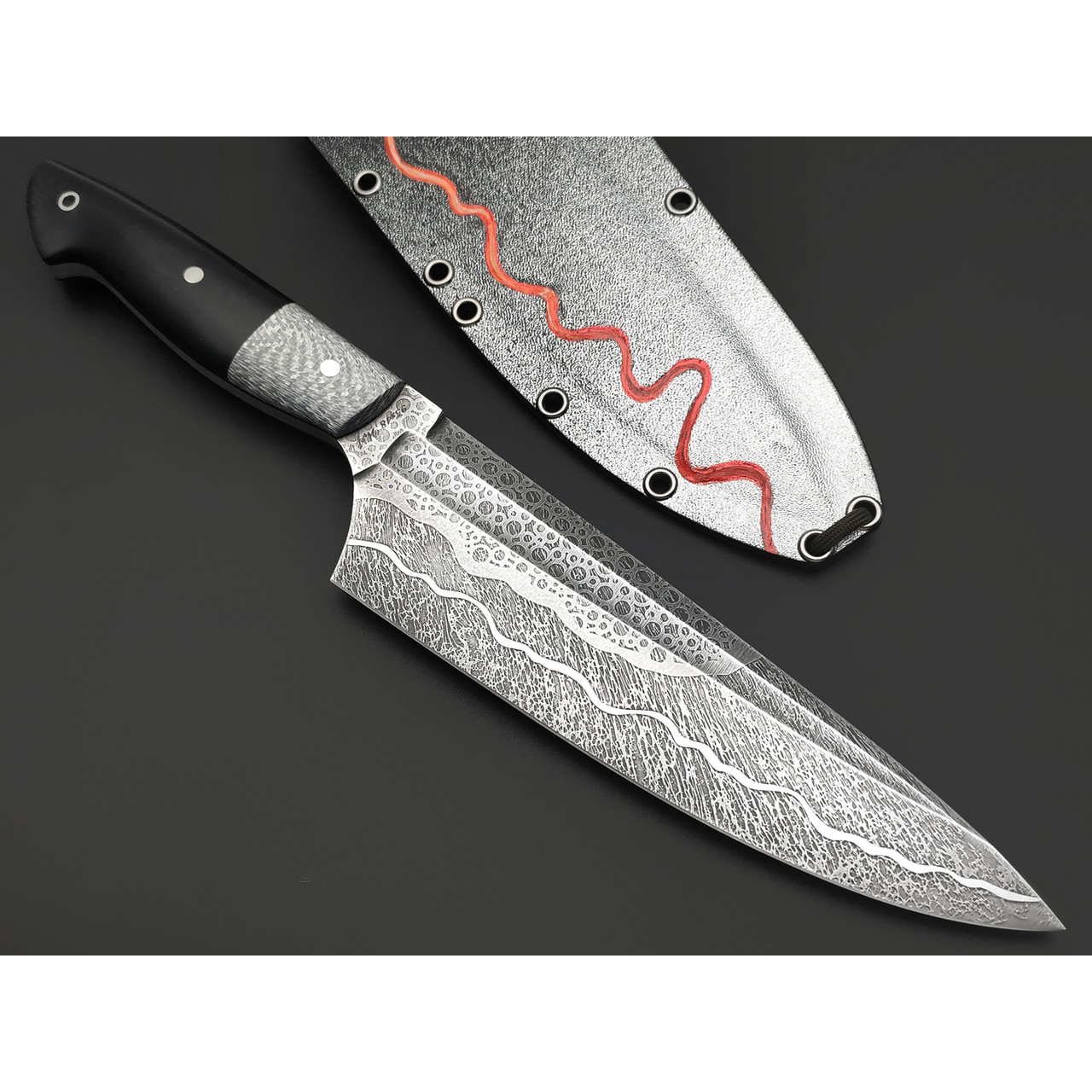 Волчий Век кухонный нож Шеф Custom сталь 95Х18 WA, Рукоять G10 black, Silver Twill, пины сталь
