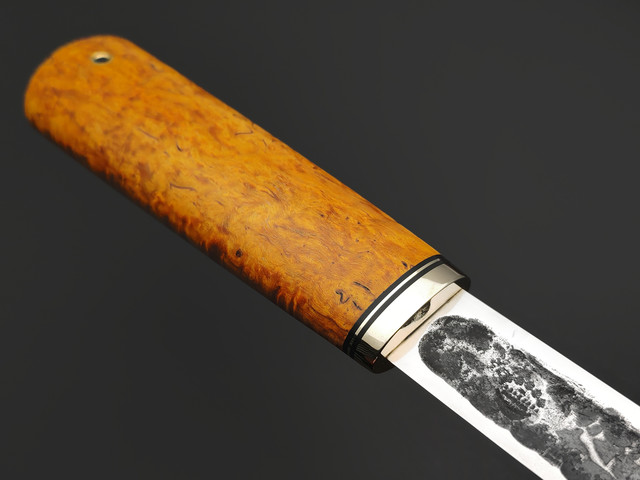 Товарищество Завьялова кованый нож Якутский-Б сталь K340, рукоять Стабилизированное дерево желтое, латунь, G10 black