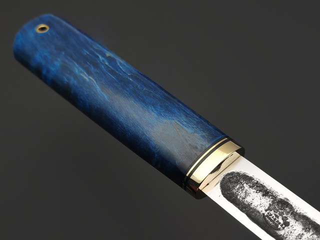 Товарищество Завьялова кованый нож Якутский-М сталь K340, рукоять Стабилизированное дерево синее, латунь, G10 black