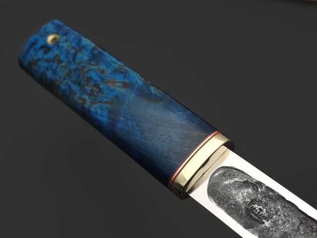 Товарищество Завьялова кованый нож Якутский-М сталь K340, рукоять Стабилизированное дерево синее, латунь, G10 red