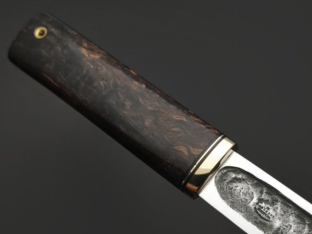 Товарищество Завьялова кованый нож Якутский-Б сталь K340, рукоять Стабилизированное дерево коричневое, латунь, G10 black