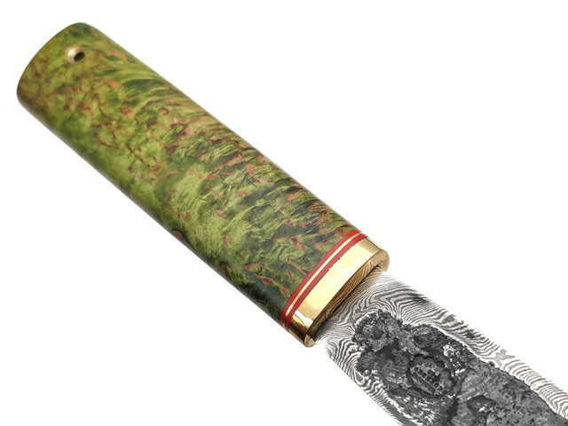 Товарищество Завьялова кованый нож Якутский-БШ сталь Дамаск, рукоять Стабилизированное дерево зеленое, латунь, G10 red