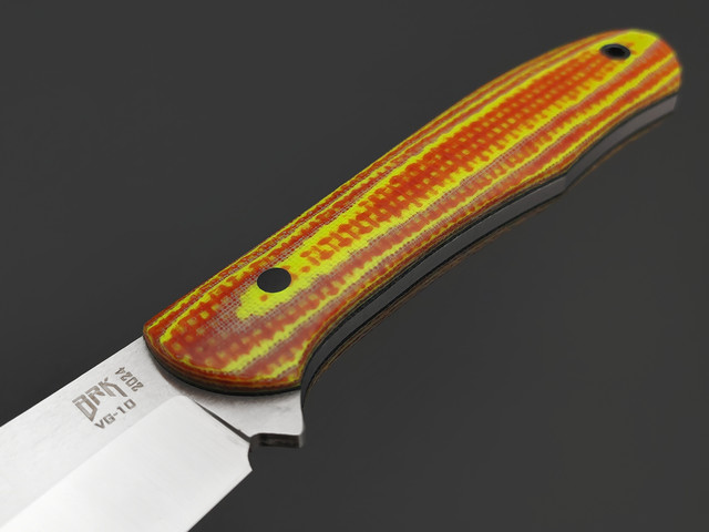BRK нож Корюшка XL сталь VG-10 satin, Рукоять micarta neon yellow & red, G10
