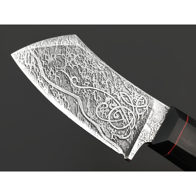 Волчий Век нож Сантоку Custom EDC сталь N690 WA художественное травление, Рукоять микарта, карбон