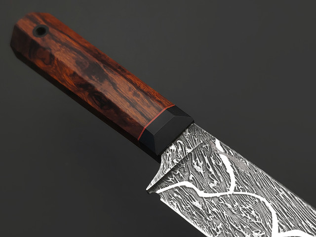 Волчий Век нож Сантоку Custom EDC сталь Niolox WA художественное травление, Рукоять айронвуд, карбон