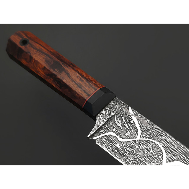Волчий Век нож Сантоку Custom EDC сталь Niolox WA художественное травление, Рукоять айронвуд, карбон