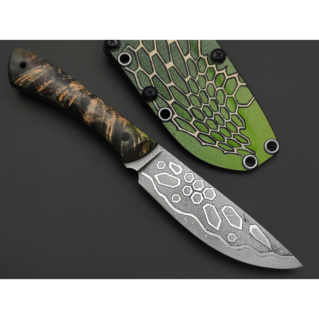 Волчий Век нож Тезис Custom сталь CPM REX 121 WA художественное травление, Рукоять кап карельской берёзы, G10