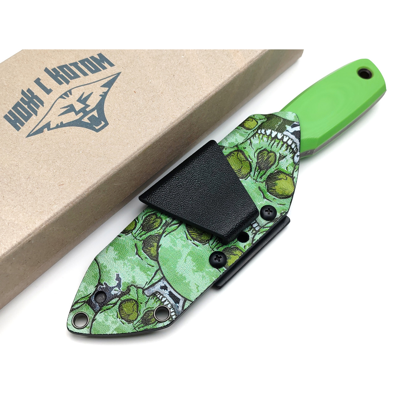 Нож с Котом Жаба сталь VG-10 блэквош, рукоять G10 light green, kydex green skull