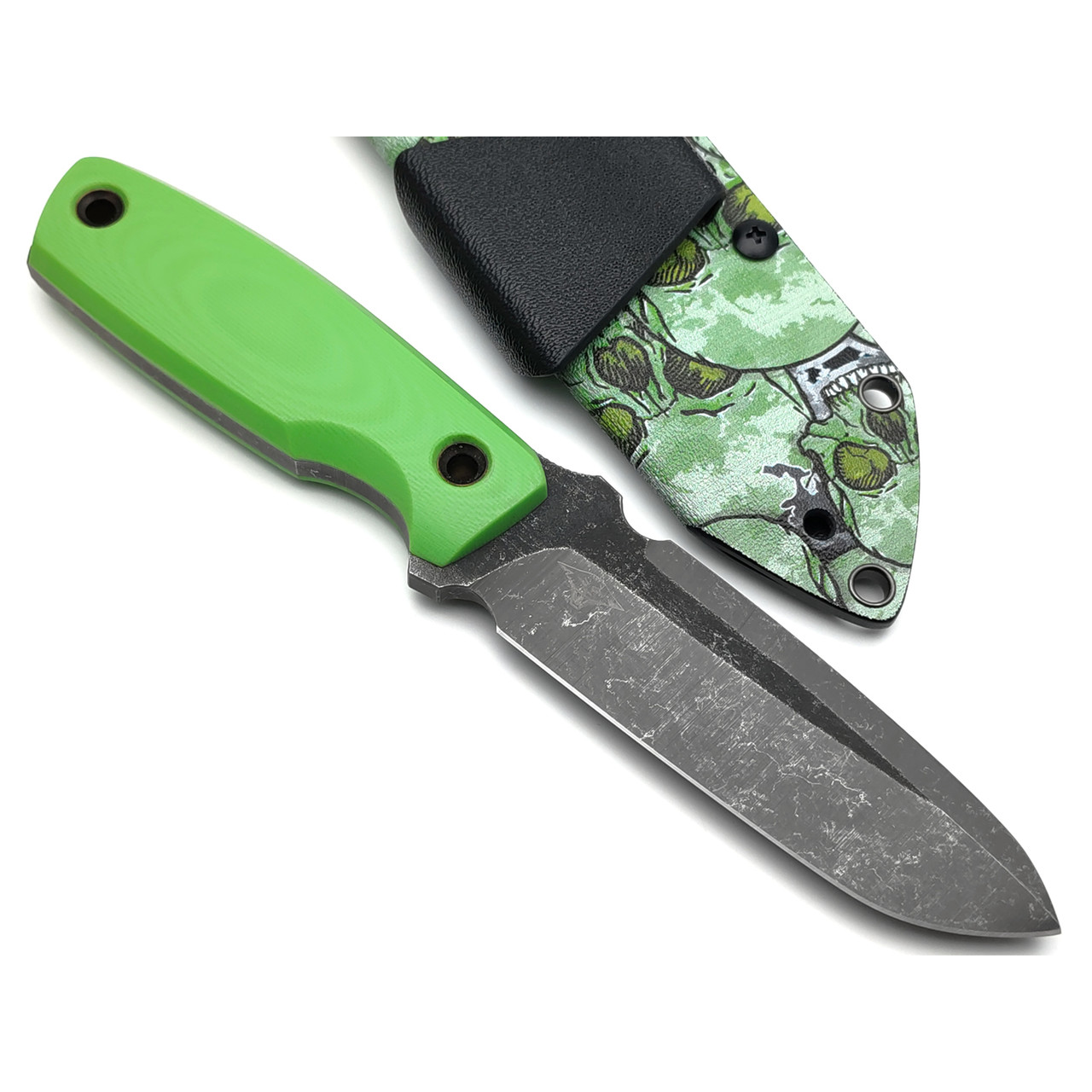 Нож с Котом Жаба сталь VG-10 блэквош, рукоять G10 light green, kydex green skull