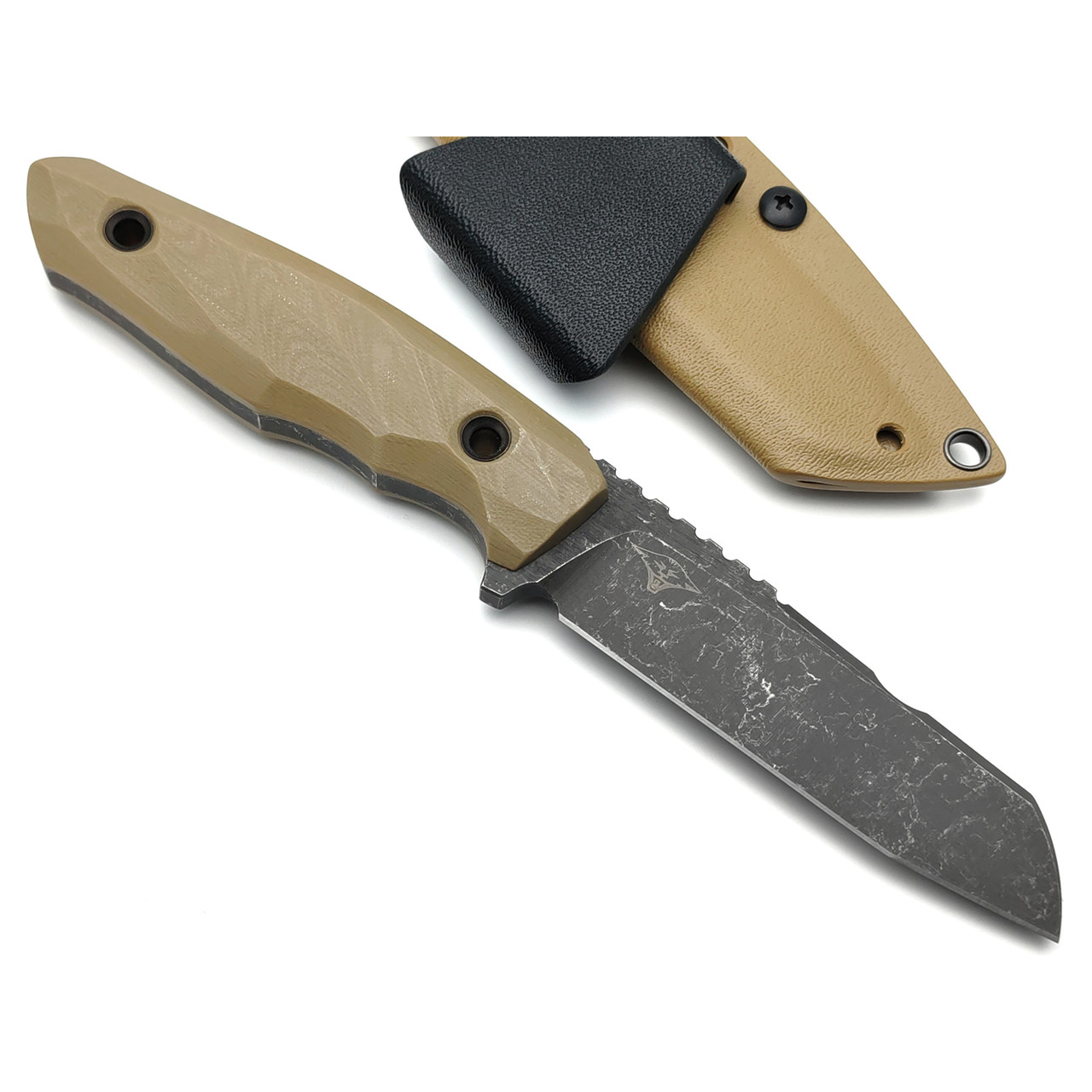 Нож с Котом Листопад сталь Cr12 блэквош, обух 6 мм, рукоять G10 tan, kydex tan