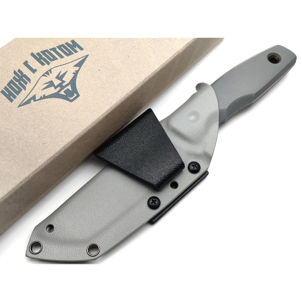 Нож с Котом Тагава сталь K110 блэквош, рукоять G10 grey, kydex grey