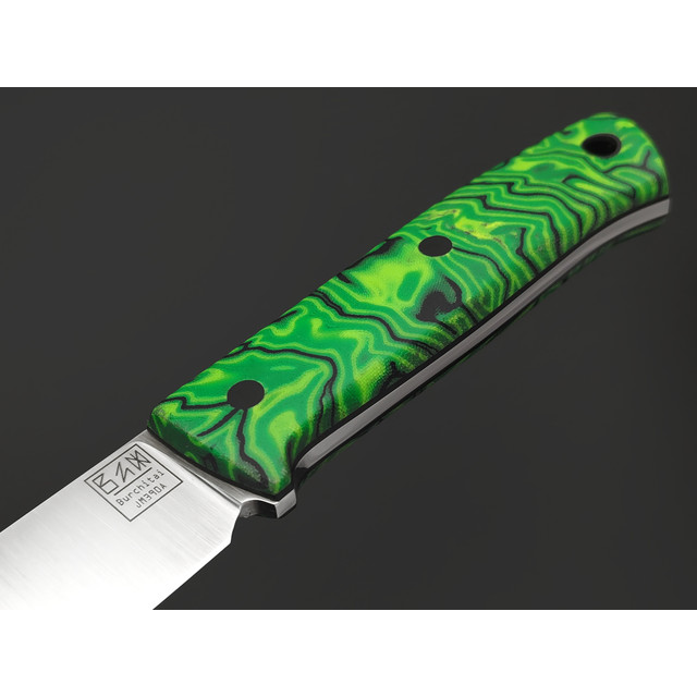 Zh Knives нож Bullet сталь JM390A satin, рукоять Micarta chaotic neon, пины карбон, G10