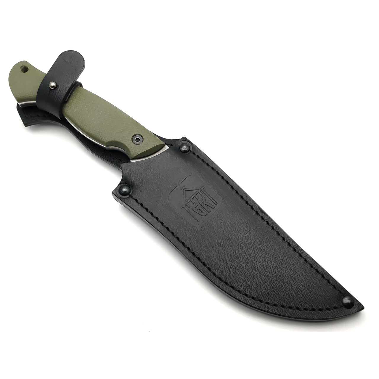 Град Горький нож Боуи сталь D2 блэквош, рукоять G10 olive