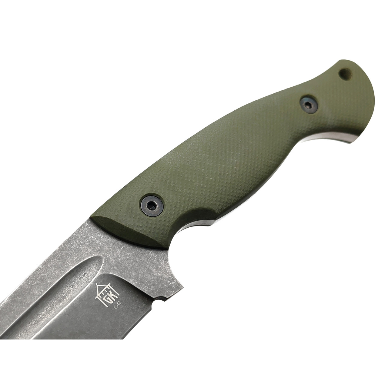 Град Горький нож Боуи сталь D2 блэквош, рукоять G10 olive