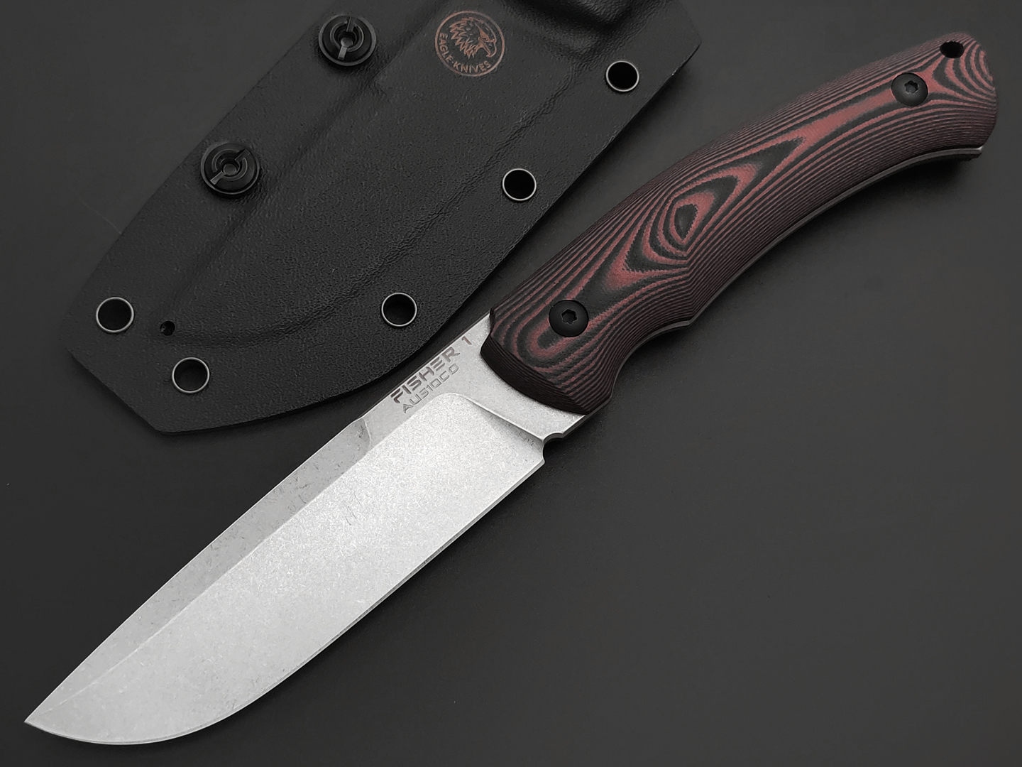 Eagle Knives нож Fisher 1 сталь Aus10Co stonewash, рукоять G10 black & red, ножны Kydex