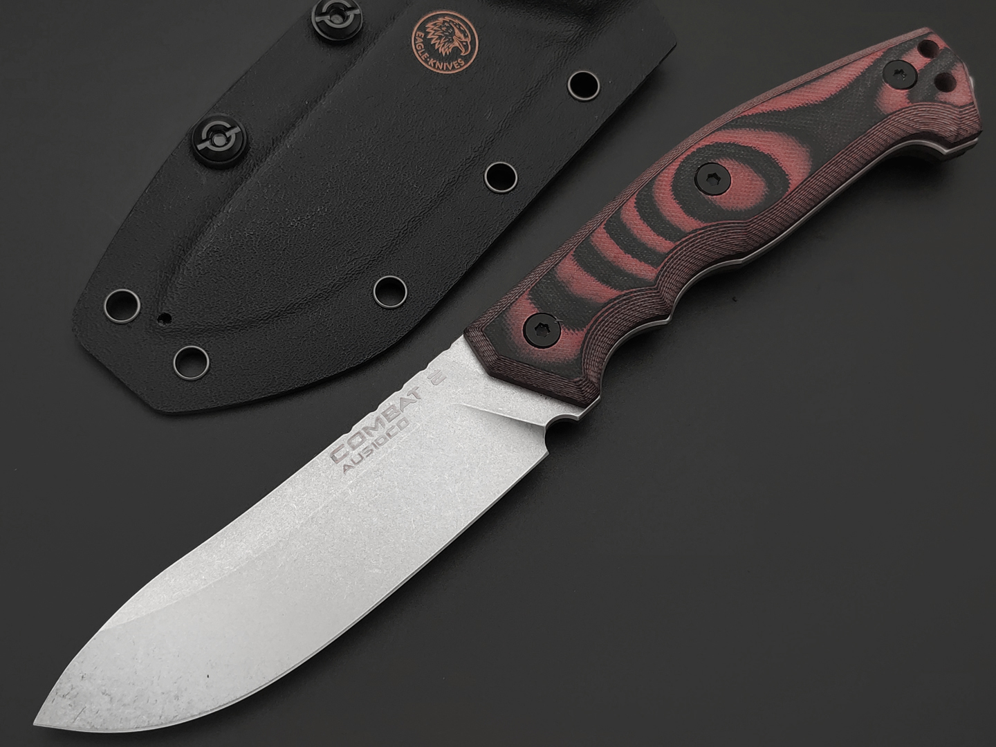 Eagle Knives нож Combat 2 сталь Aus10Co stonewash, рукоять G10 black & red, ножны Kydex