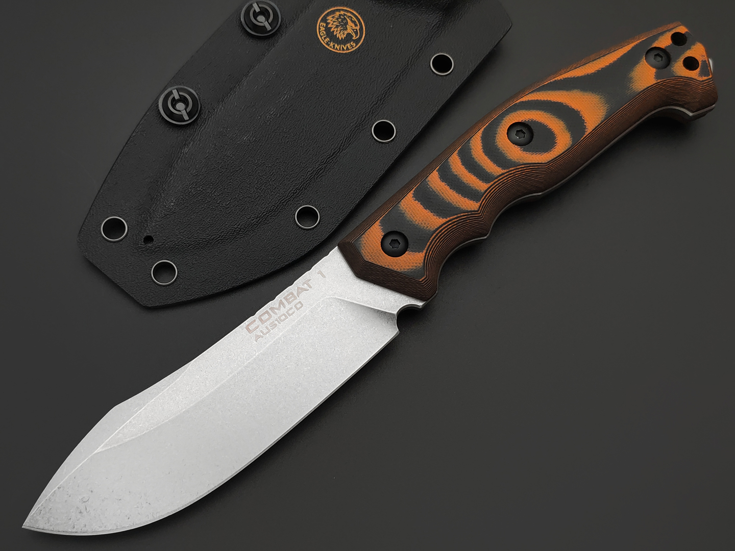 Eagle Knives нож Combat 1 сталь Aus10Co stonewash, рукоять G10 black & orange, ножны Kydex