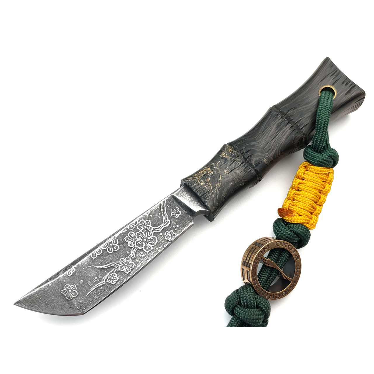 Волчий Век нож Bamboo Custom сталь PGK WA худ. травление, Рукоять карбон Dark Matter Gold, латунь