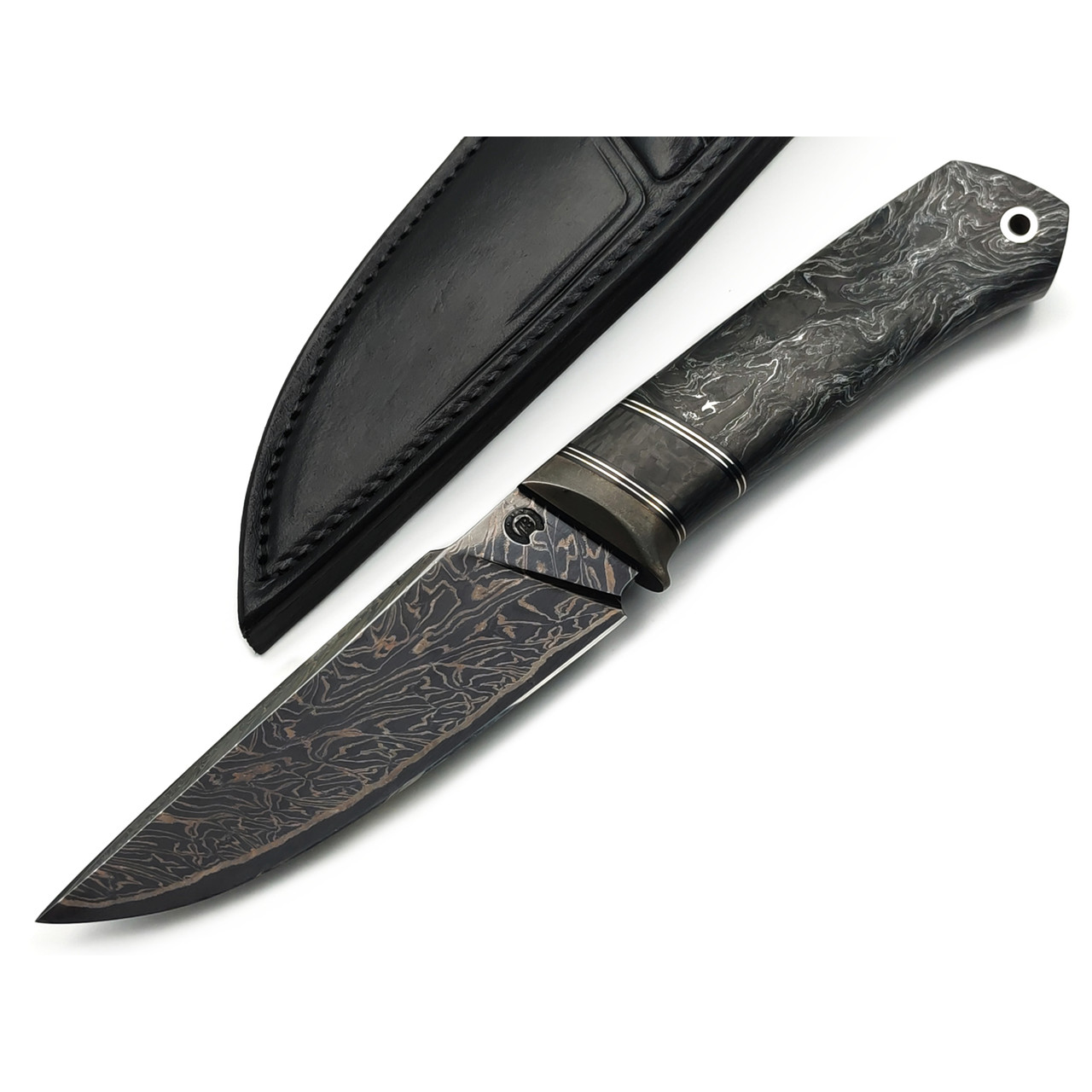 Кузница Васильева нож НЛВ170 ламинат 80CrV2, рукоять Карбон Dark Matter Silver, карбон black, никель