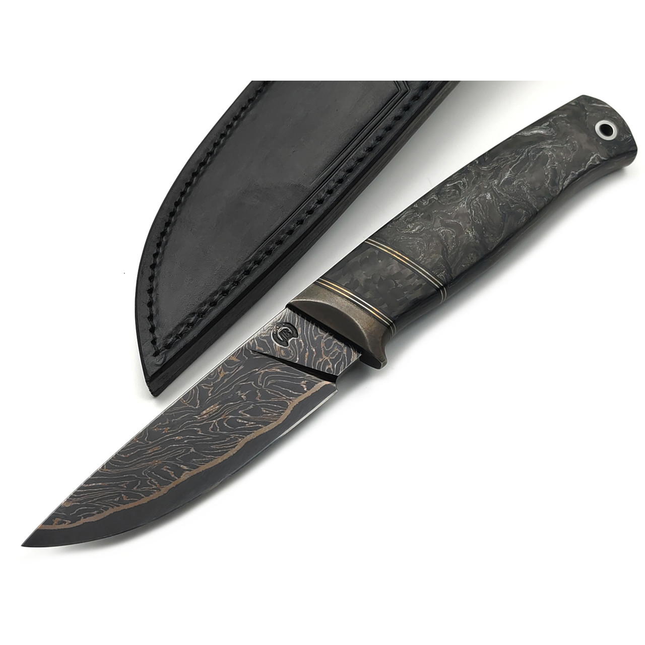 Кузница Васильева нож НЛВ171 ламинат 80CrV2, рукоять Карбон Dark Matter Silver, карбон black, никель