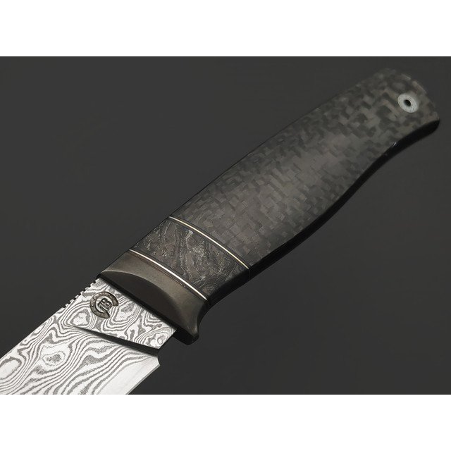 Кузница Васильева нож НЛВ169 ламинат M398, рукоять Карбон black, карбон Dark Matter Silver, никель