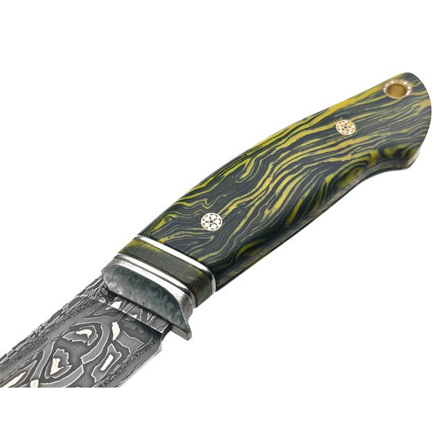 Влад Матвеев нож VMR63 мозаичный дамаск, рукоять Карельская берёза, Micarta chaotic, сталь