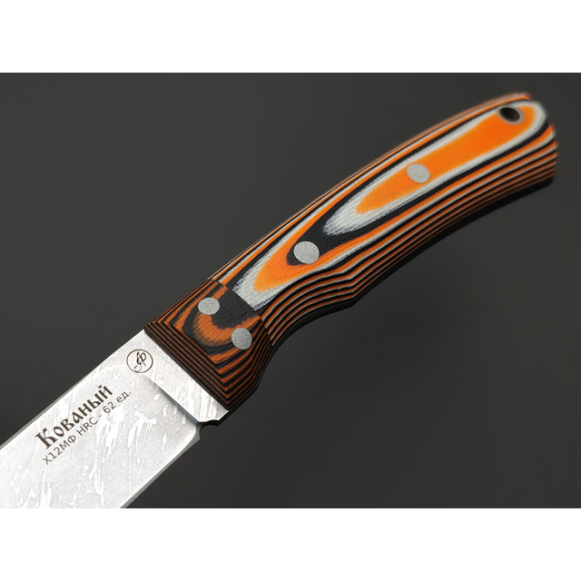 Фурсач А. А. нож Тигр малютка, сталь Х12МФ травление, рукоять G10 black & orange & white