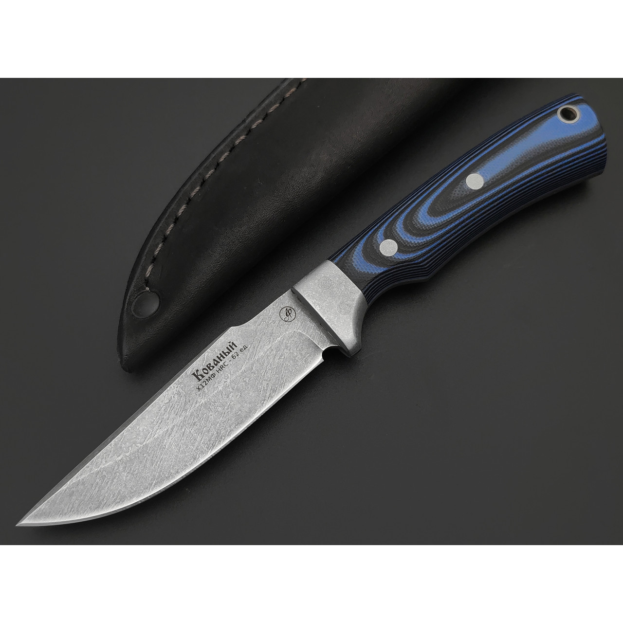 Фурсач А. А. нож Ирбис малютка, сталь Х12МФ пескоструй, рукоять G10 black & blue