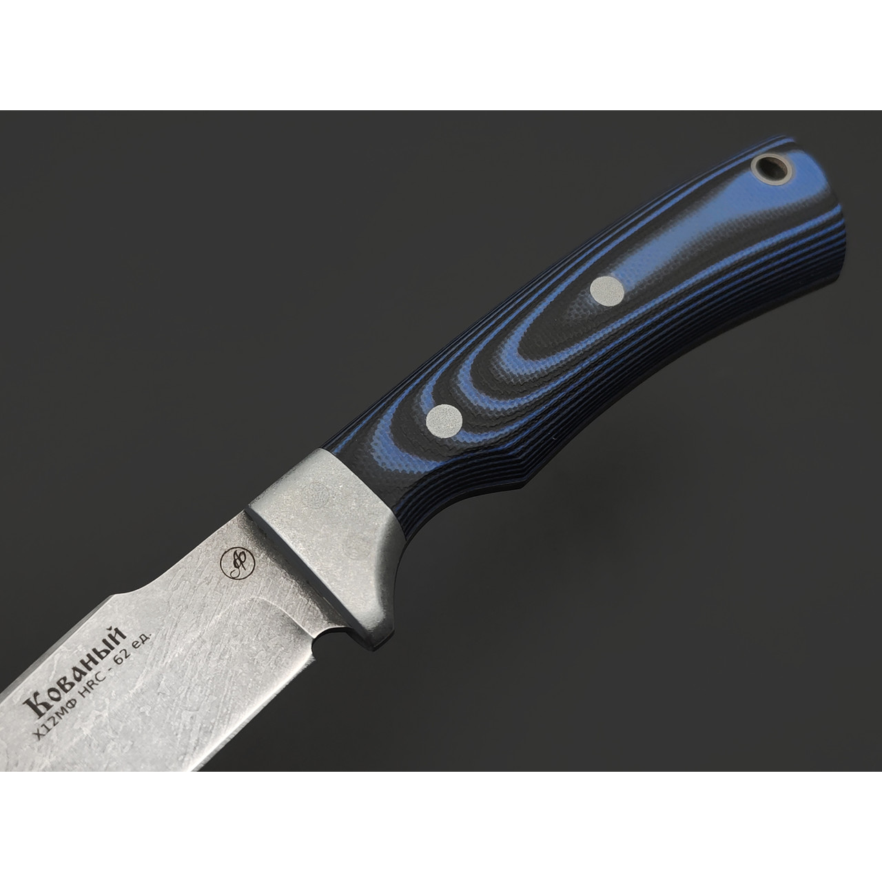 Фурсач А. А. нож Ирбис малютка, сталь Х12МФ пескоструй, рукоять G10 black & blue