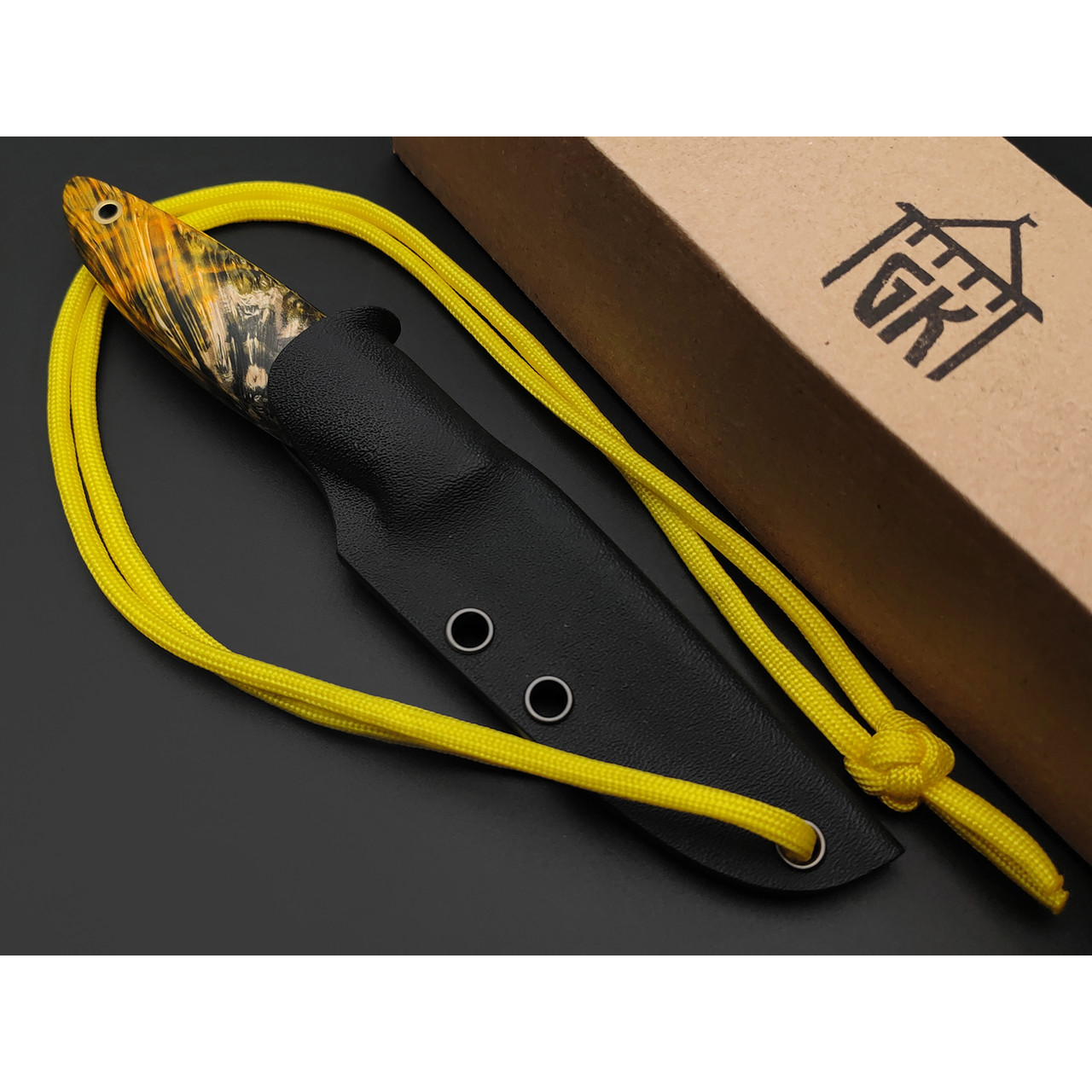 Град Горький нож Шейный сталь Elmax satin, рукоять Кап клёна green & yellow, G10
