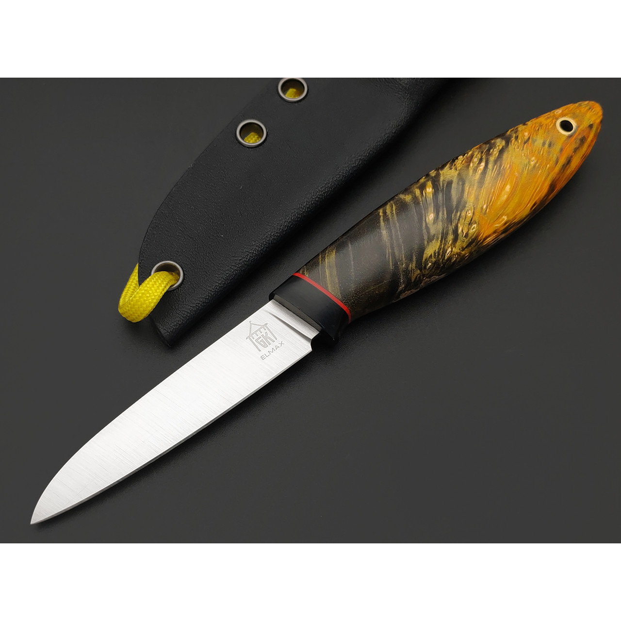 Град Горький нож Шейный сталь Elmax satin, рукоять Кап клёна green & yellow, G10