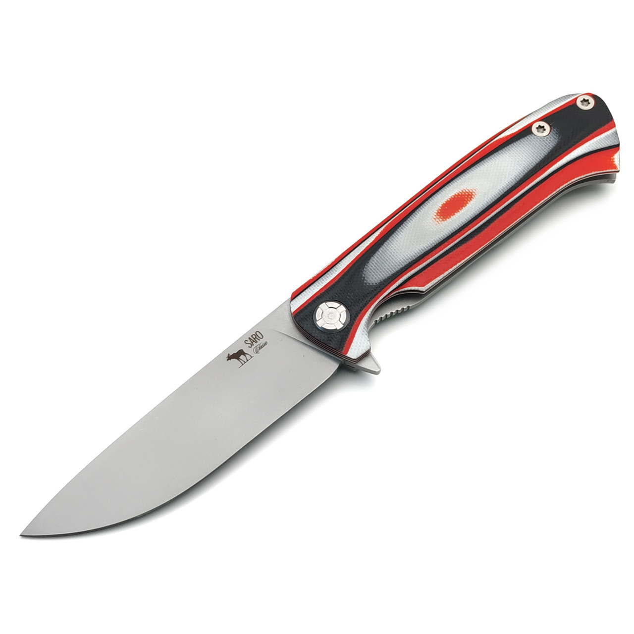Saro нож Чиж Next сталь K110, рукоять G10 red, white & black