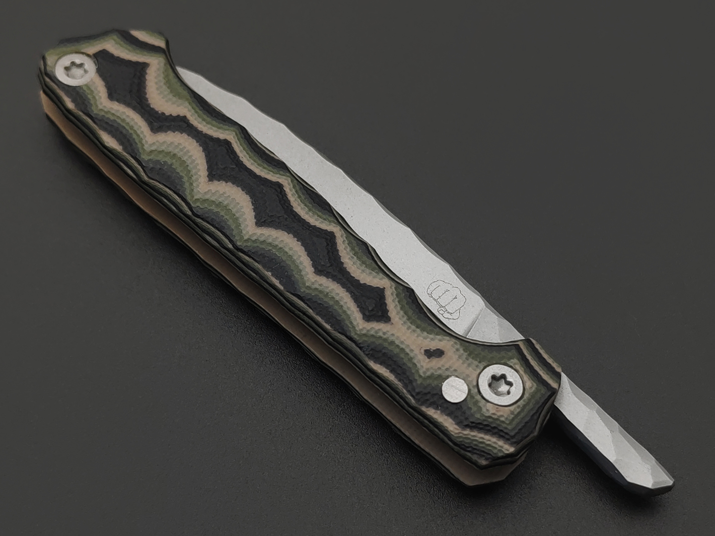 Андрей Кулаков малый фрикционный нож KUL0112 сталь Х12МФ, рукоять G10 laminate black-tan & olive