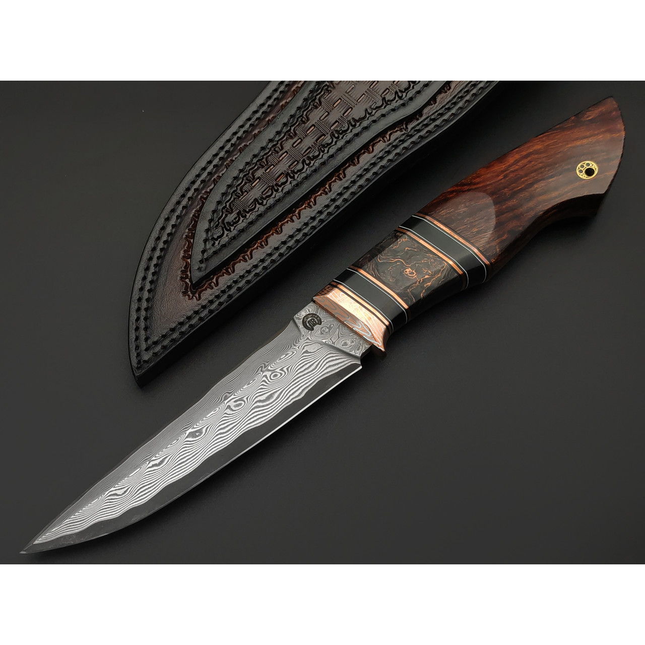 Кузница Васильева нож НЛВ177 ламинат CPM S90V, рукоять Дерево айронвуд, carbon fiber Chaotic Copper, мокумэ-ганэ, медь, карболит